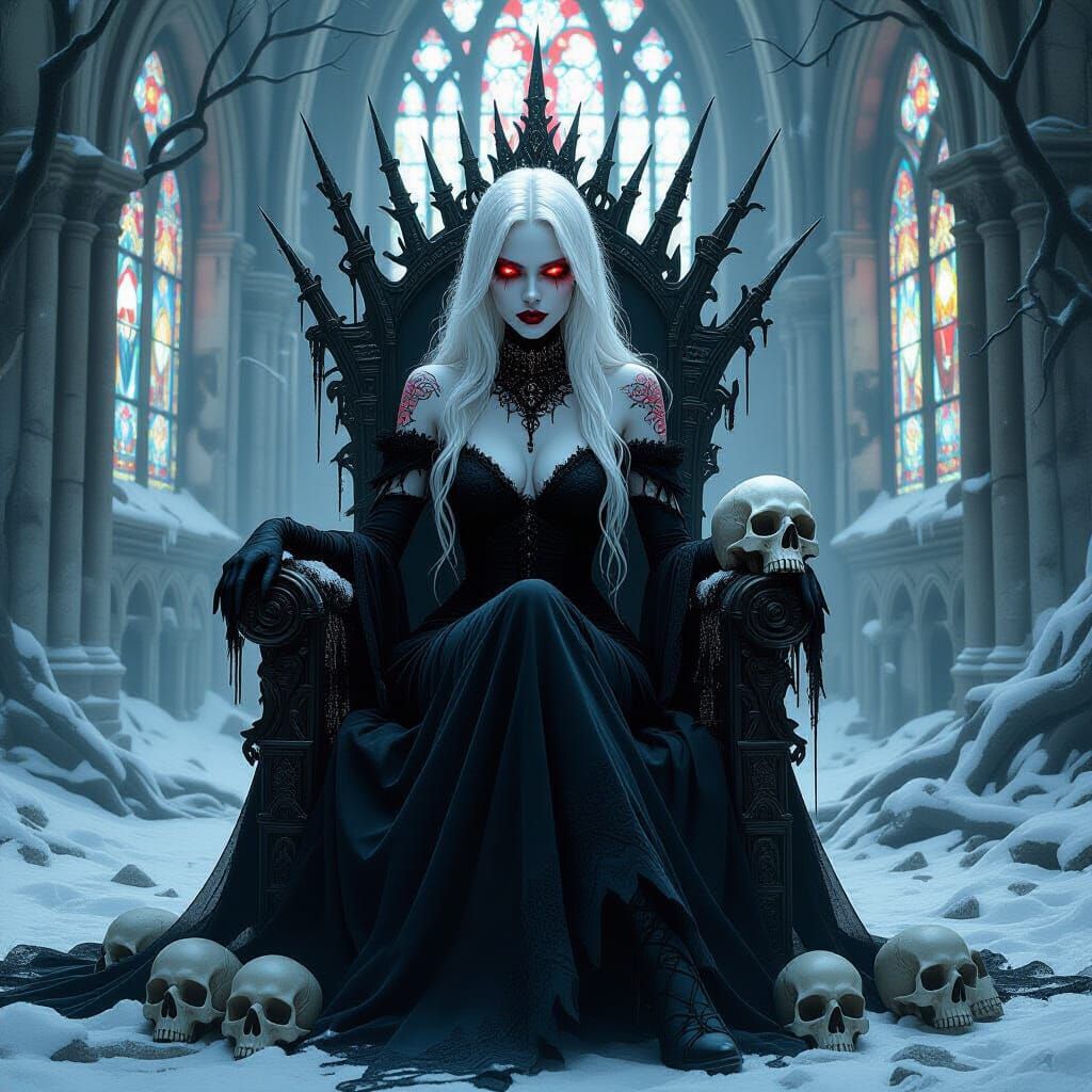 Albino Demoness on Skull Throne, Dark Fantasy Art