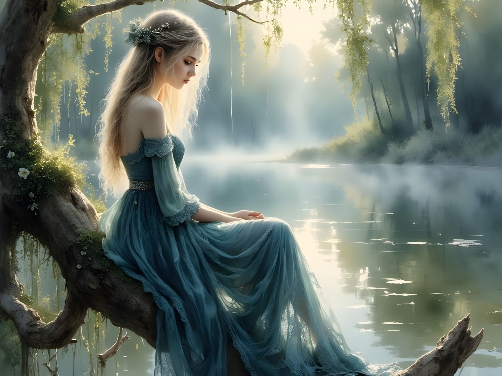 Norse Goddess Overlooking a Lake in Romantic Style