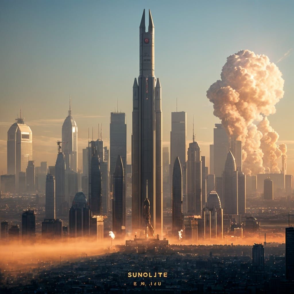 Giant Biological Rocket Launch Silhouette Over City