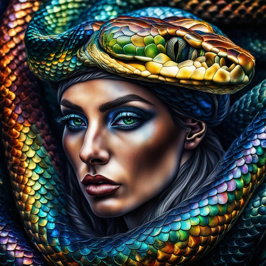 Majestic Rainbow Serpent Portrait in Metallic Scales
