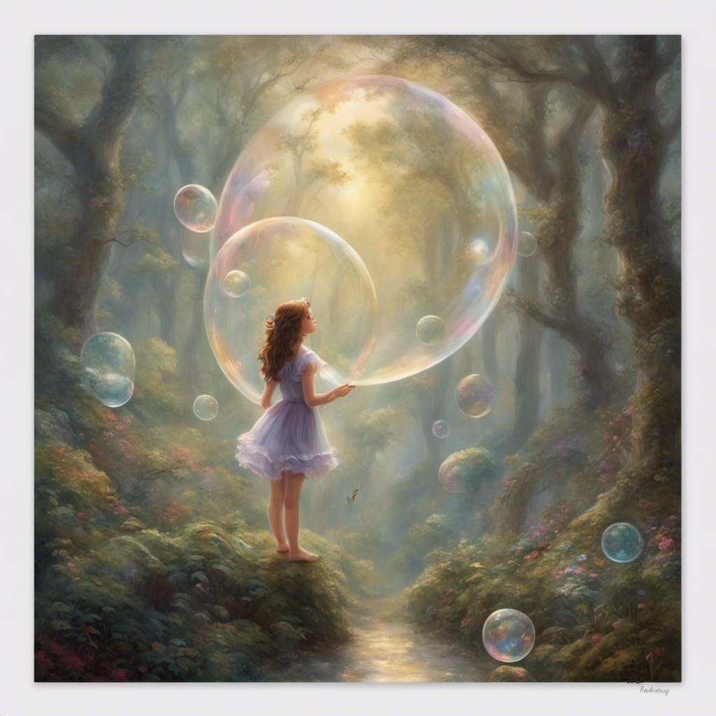 Girl in Bubble Observes Forest Life: Dreamy Fairy Tale