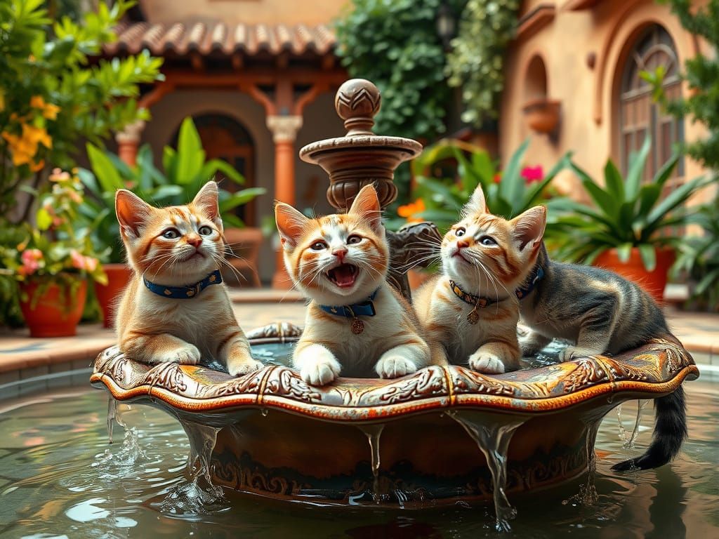 Cats Frolicking in Andalusian Garden Fountain