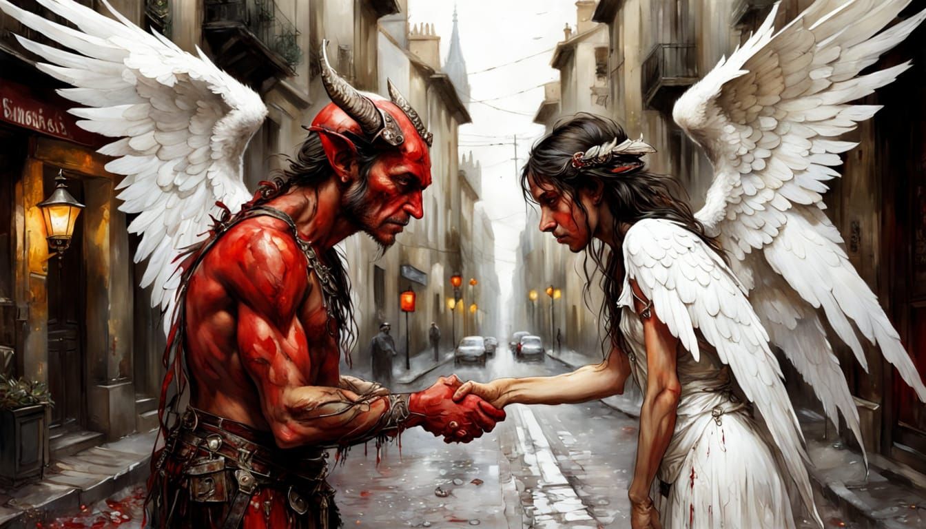 Demon and Angel Handshake: Dark Fantasy Art