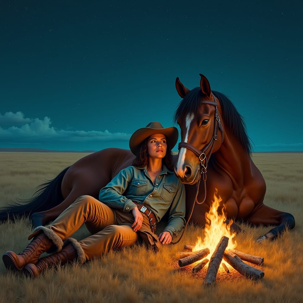 Cowgirl and Horse by Campfire: Western Realism Art