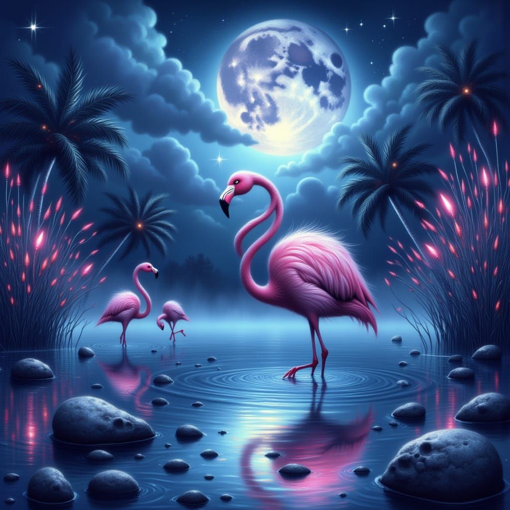 Flamingo in Moonlit Lagoon Fantasy Illustration