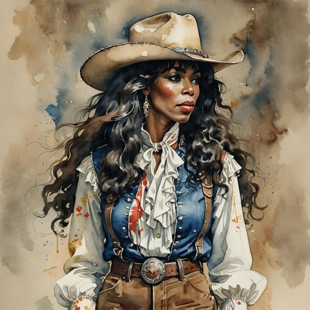 Donna Summer as Gunfighter: Impressionistic Watercolor Portr...