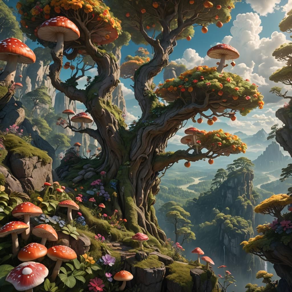 Glowing Fruit Tree on Cliff: Fantastical Landscape