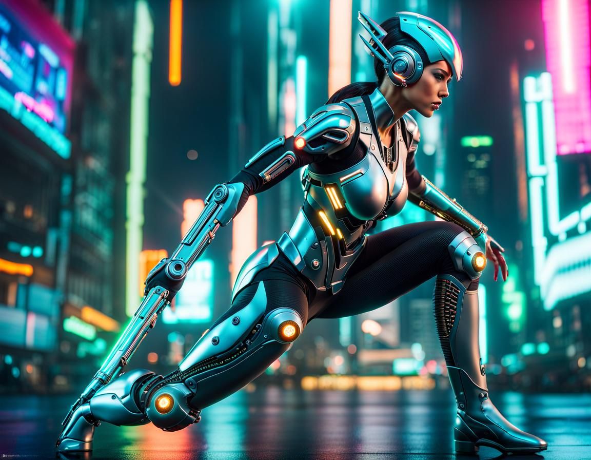 Cyborg Woman Sprinting with Lance in Cyberpunk Landscape
