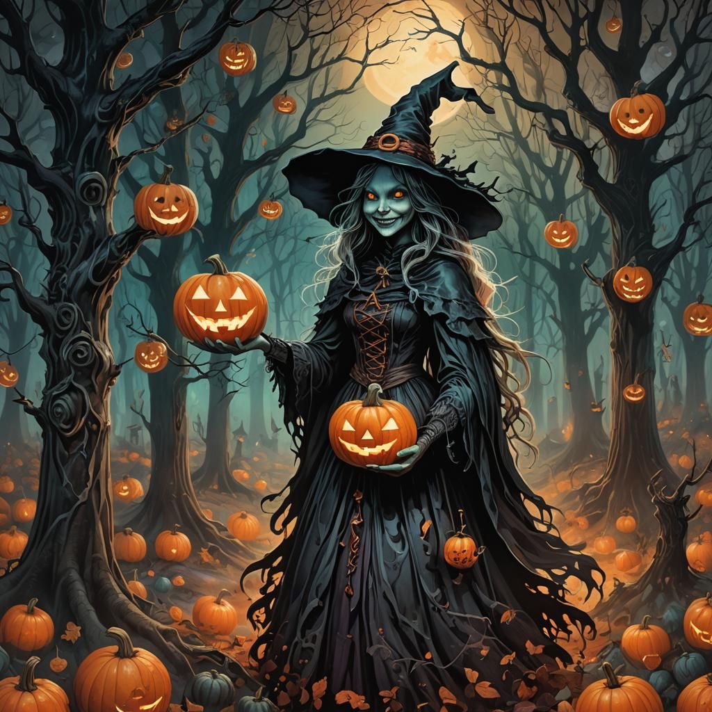 Whimsical Witch with Smiling Pumpkin in Eerie Forest