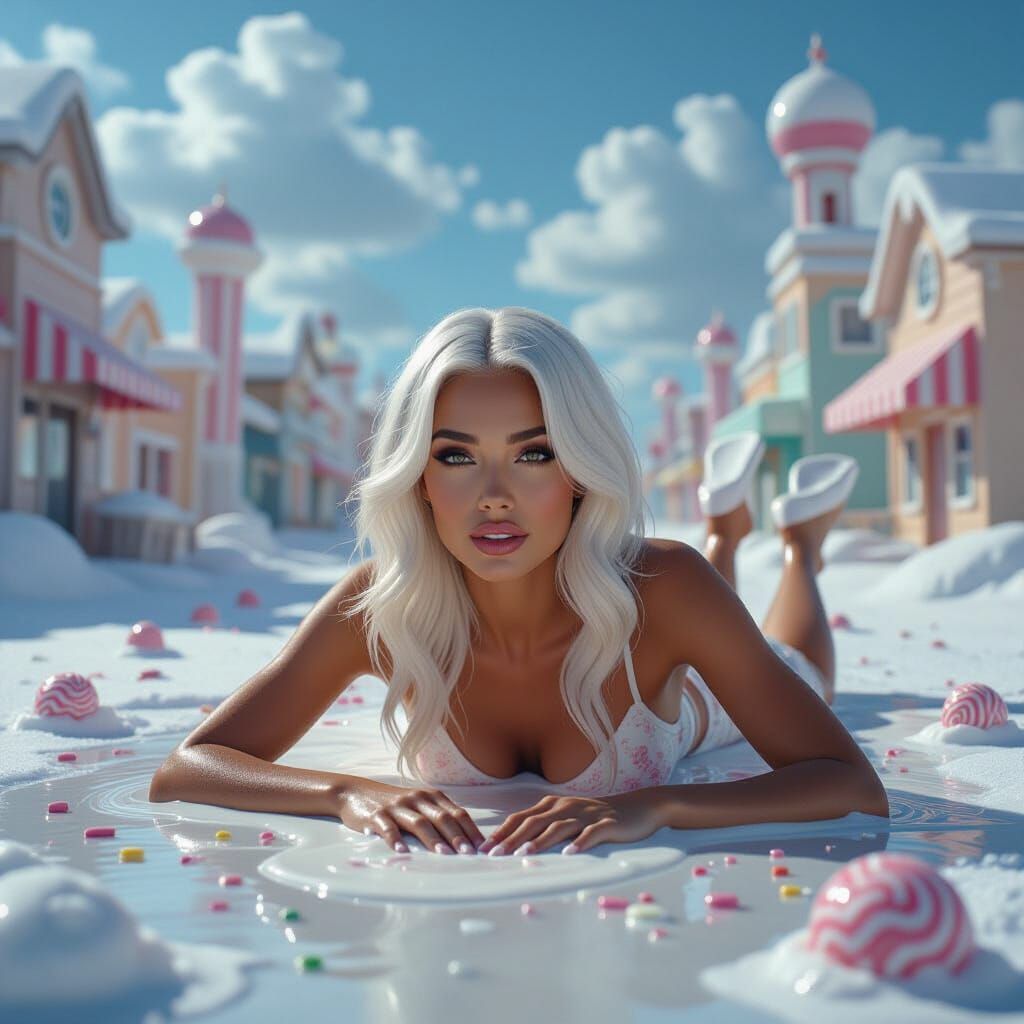 Woman Melting into Ice Cream in Candy Landscape