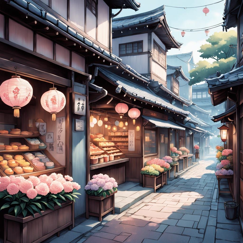 Idyllic Anime Alleyway in Soft Pastel Hues