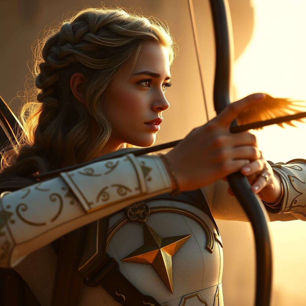 Determined Archeress in Golden Armor, Silhouetted Against Su...