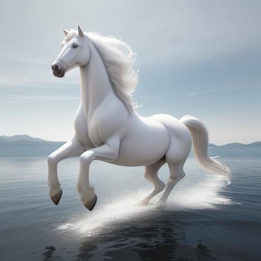Hyperrealistic White Friesian Horse Walking on Water