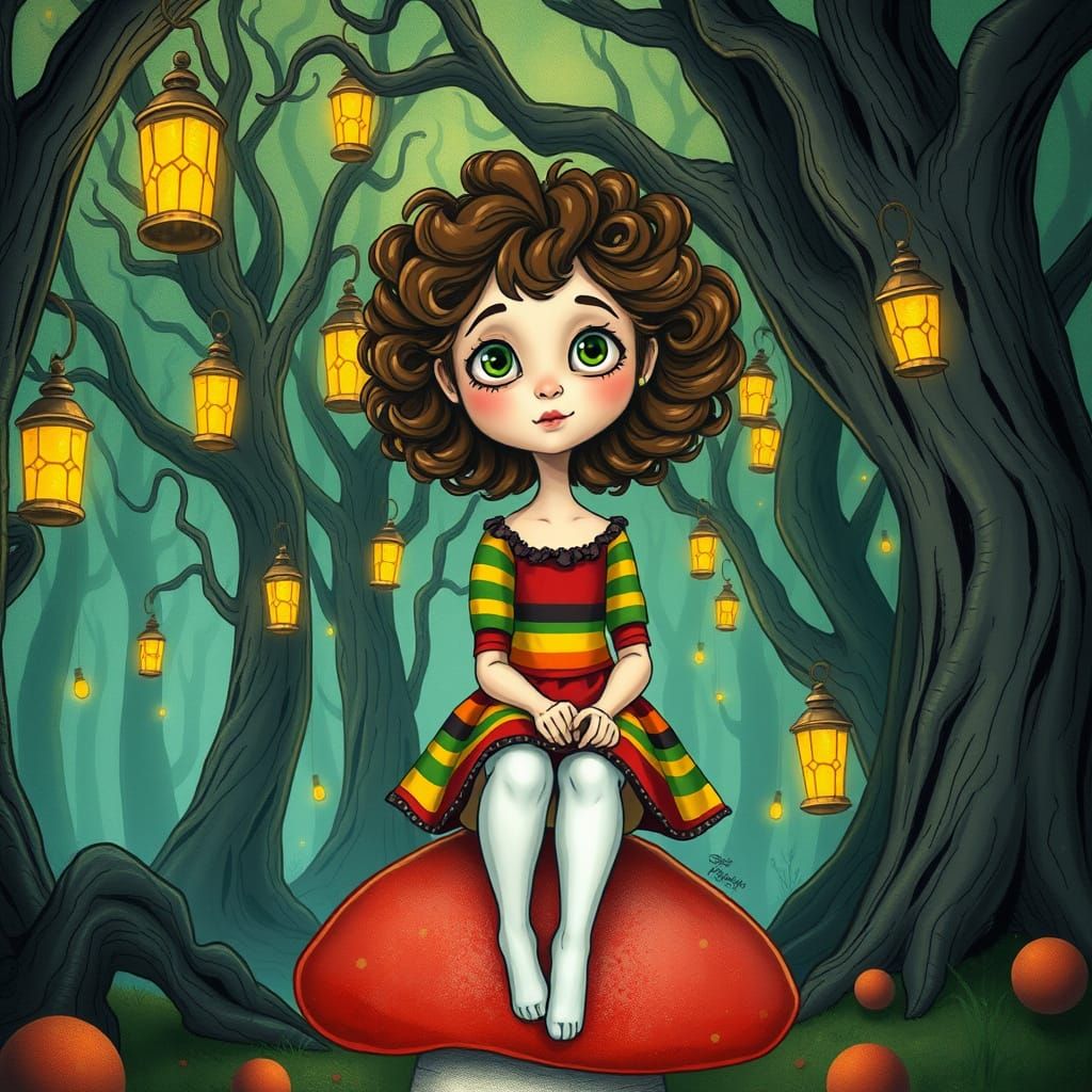 Whimsical Young Girl in a Fantastical Forest Scene