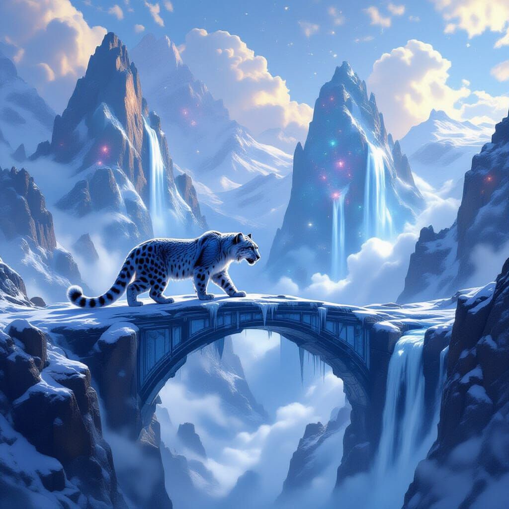Cosmic Snow Leopard on Crystalline Bridge