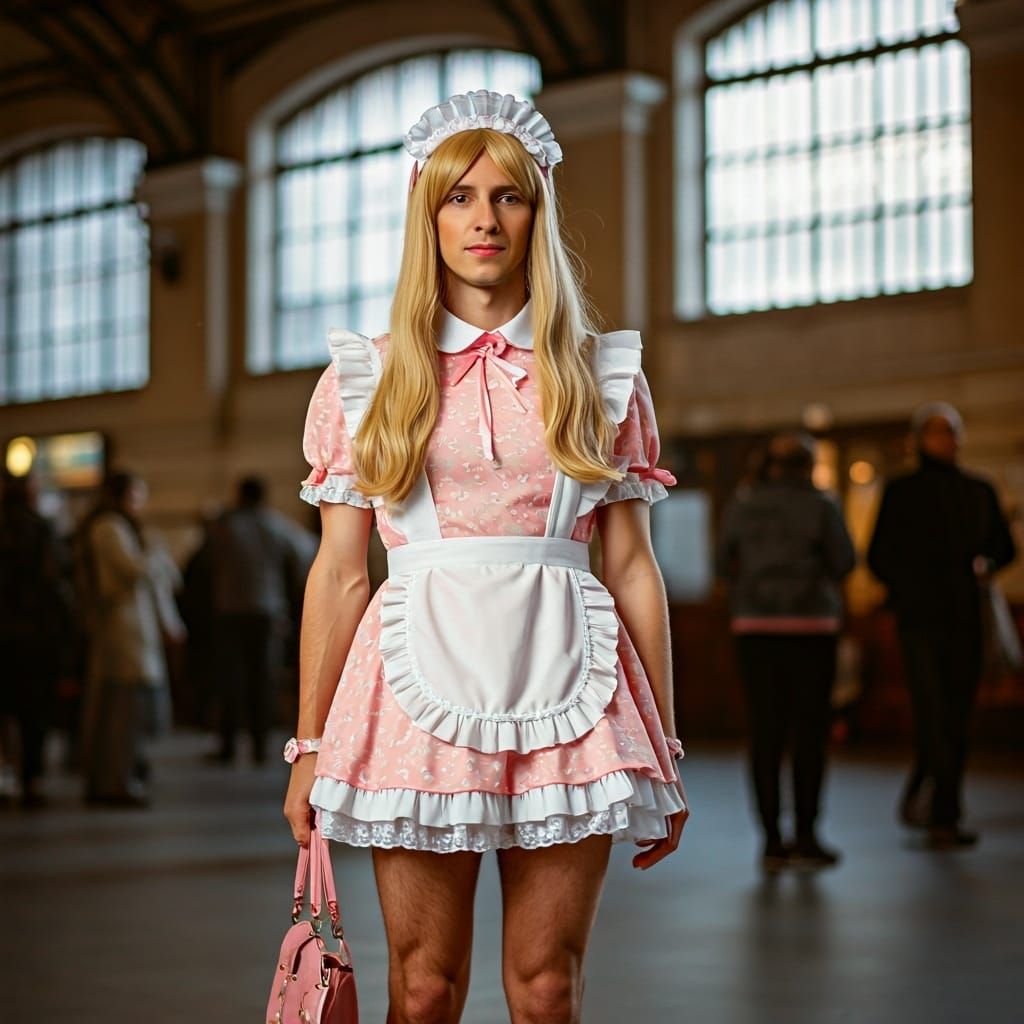 Shy Maid in Train Station, Hyperrealistic Photography