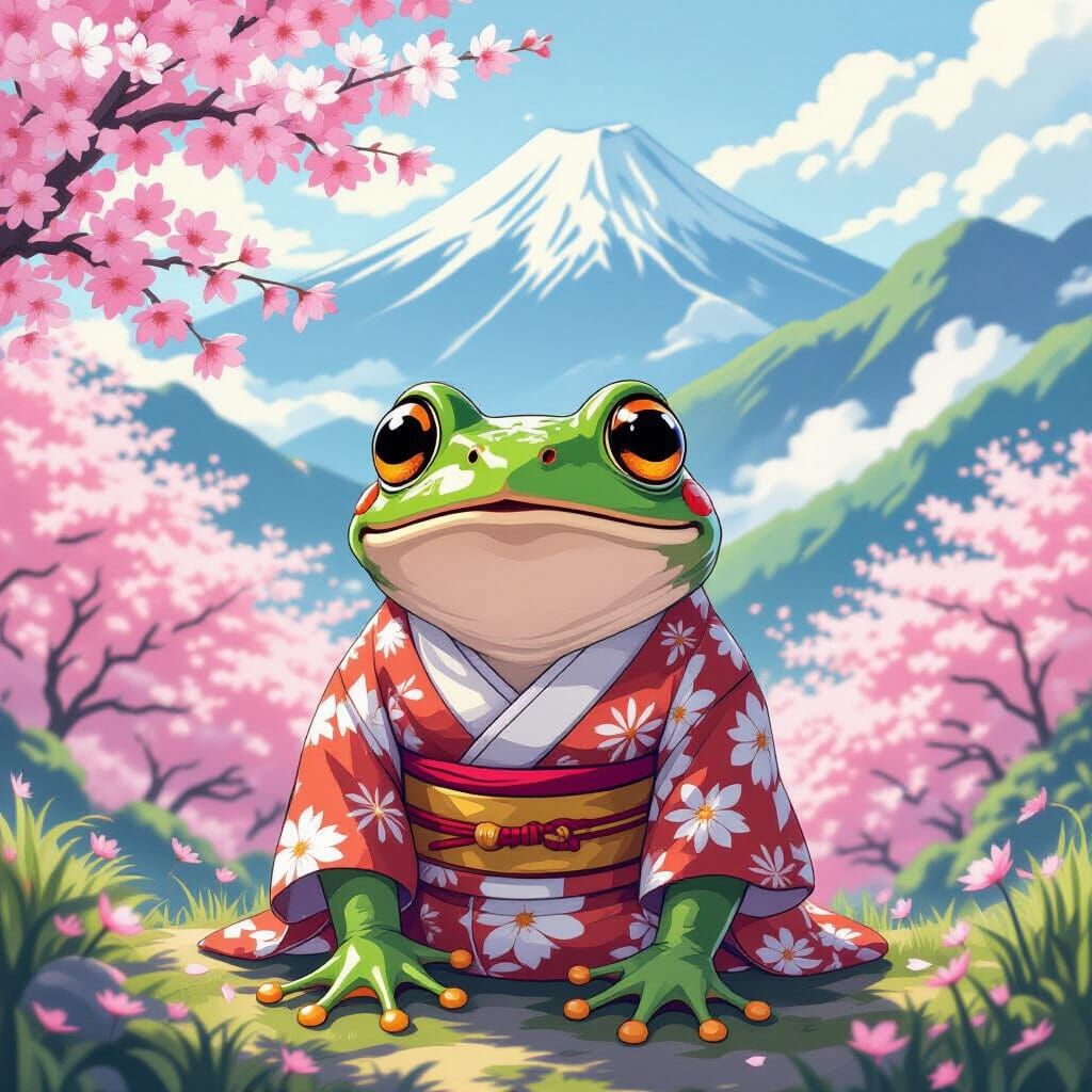 Shocked Frog in Japanese Landscape, Miyazaki Style