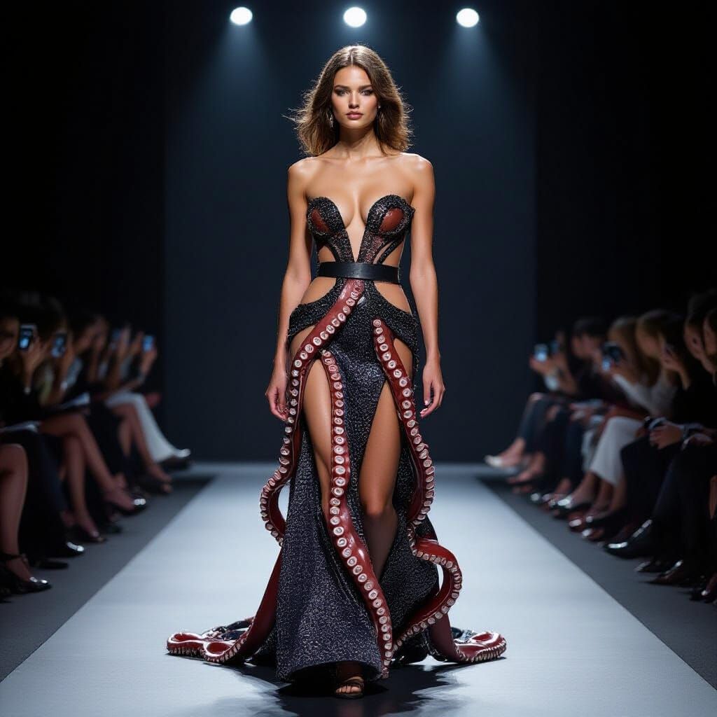 Dramatic Octopus Dress on Dark Runway