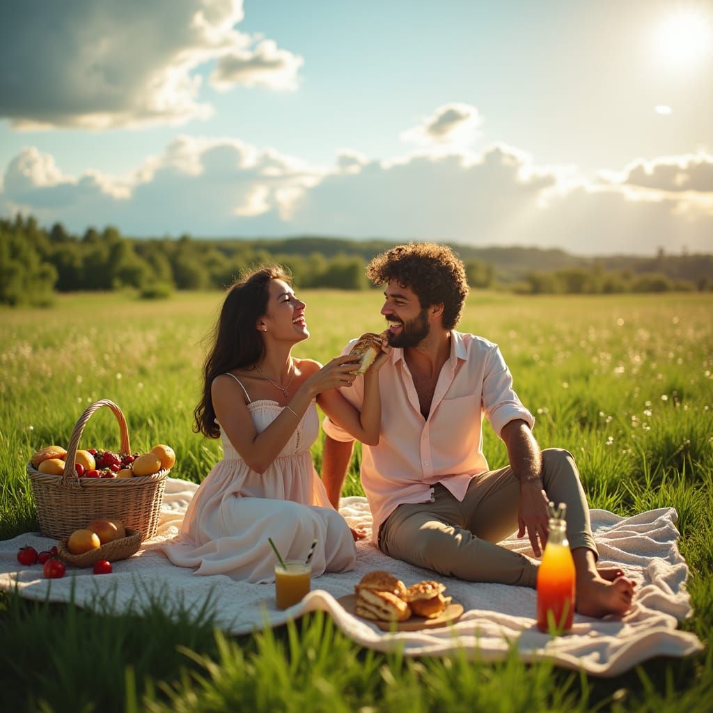 Joyful Picnic in a Lush Meadow: Cinematic Film Still