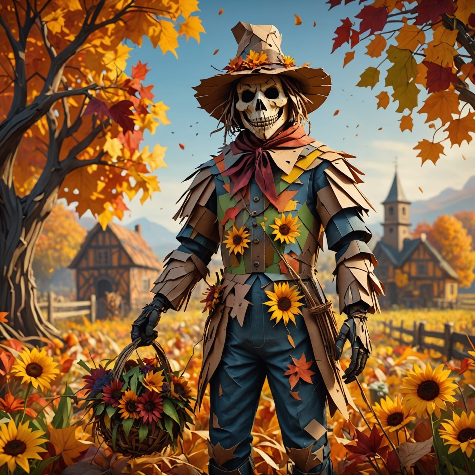 Autumn Scarecrow of Torn Paper, Detailed Digital Painting