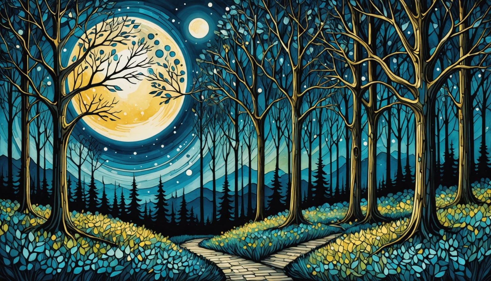 Moonlit Arabesque Forest in Impasto Alcohol Ink Style