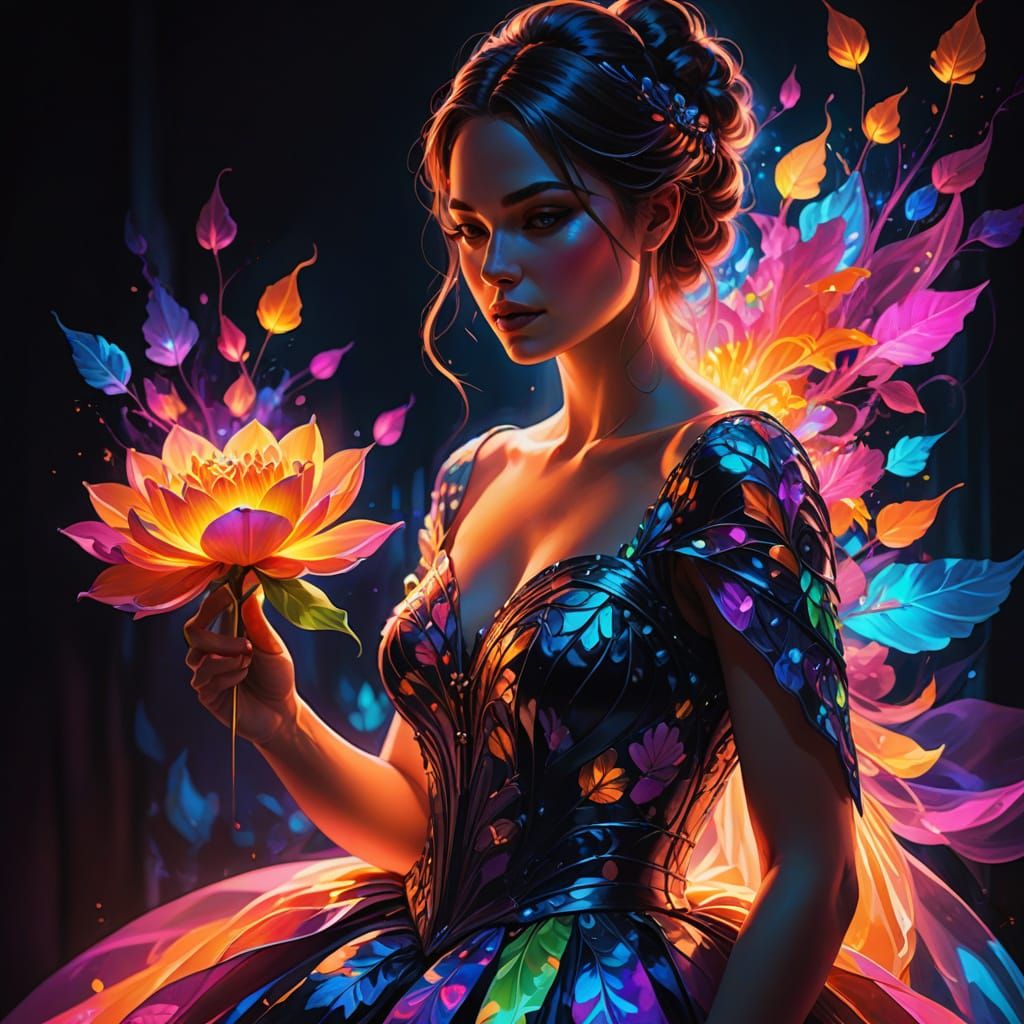 Ethereal Woman in Radiant Gown, Captivating Fantasy Portrait