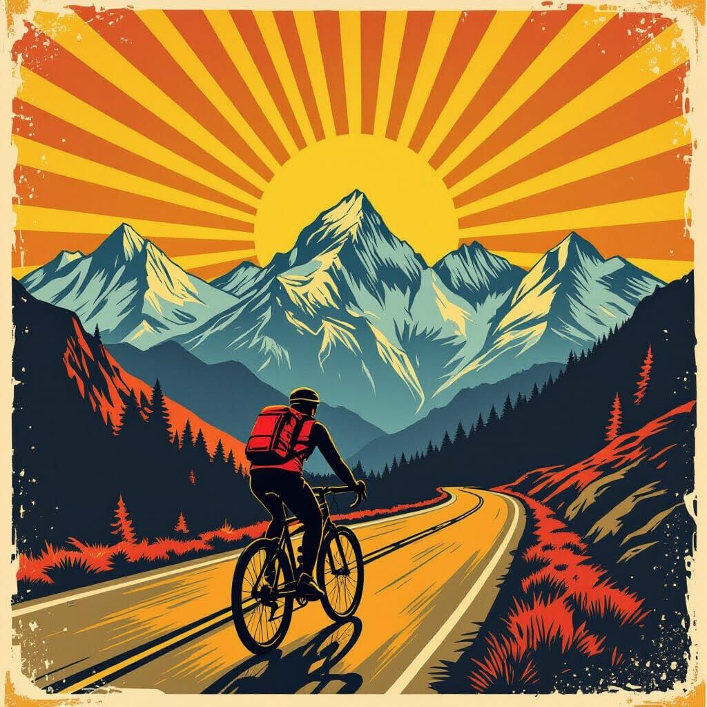 Cyclist at Dawn on Mountain Pass, Linocut Style
