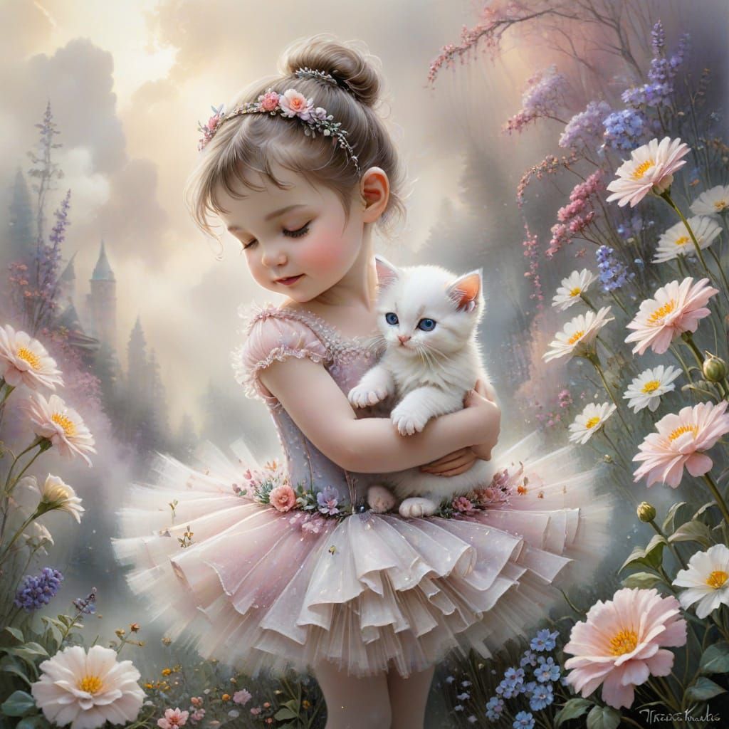 Ethereal Watercolour Baby Ballerina with Kitten