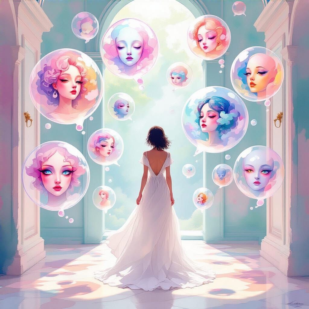 Woman Surrounded by Dreamlike Thought Bubbles