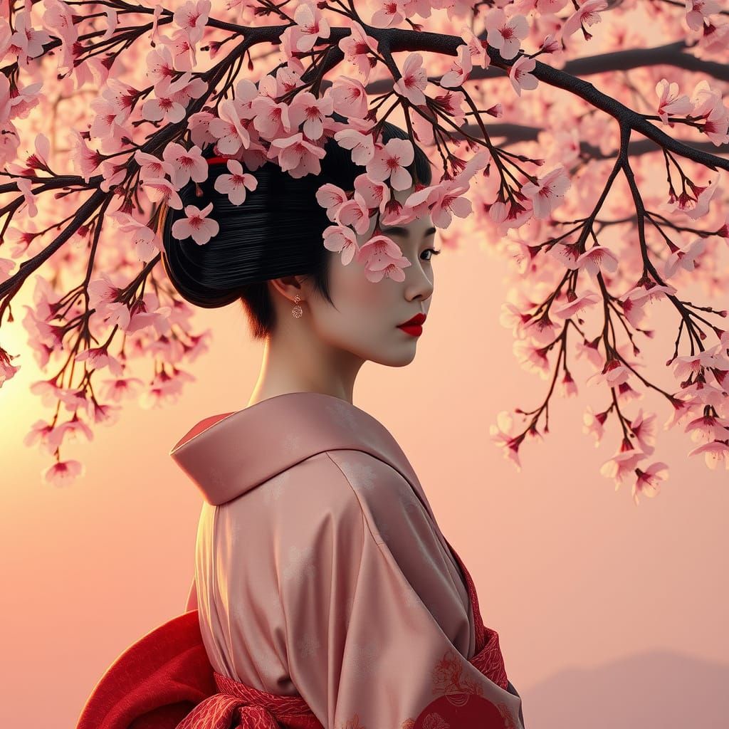 Elegant Geisha in Sakura Bloom