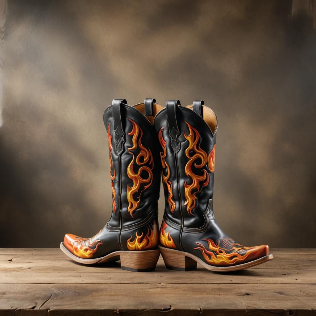 Photorealistic Western Boots with Flame Embellishments