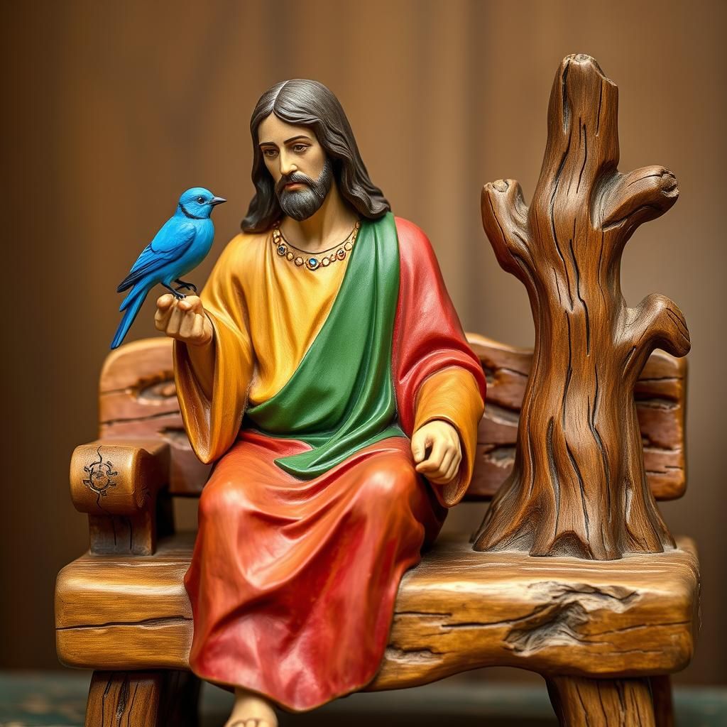 Colorful Wood Carving of Jesus with Bird