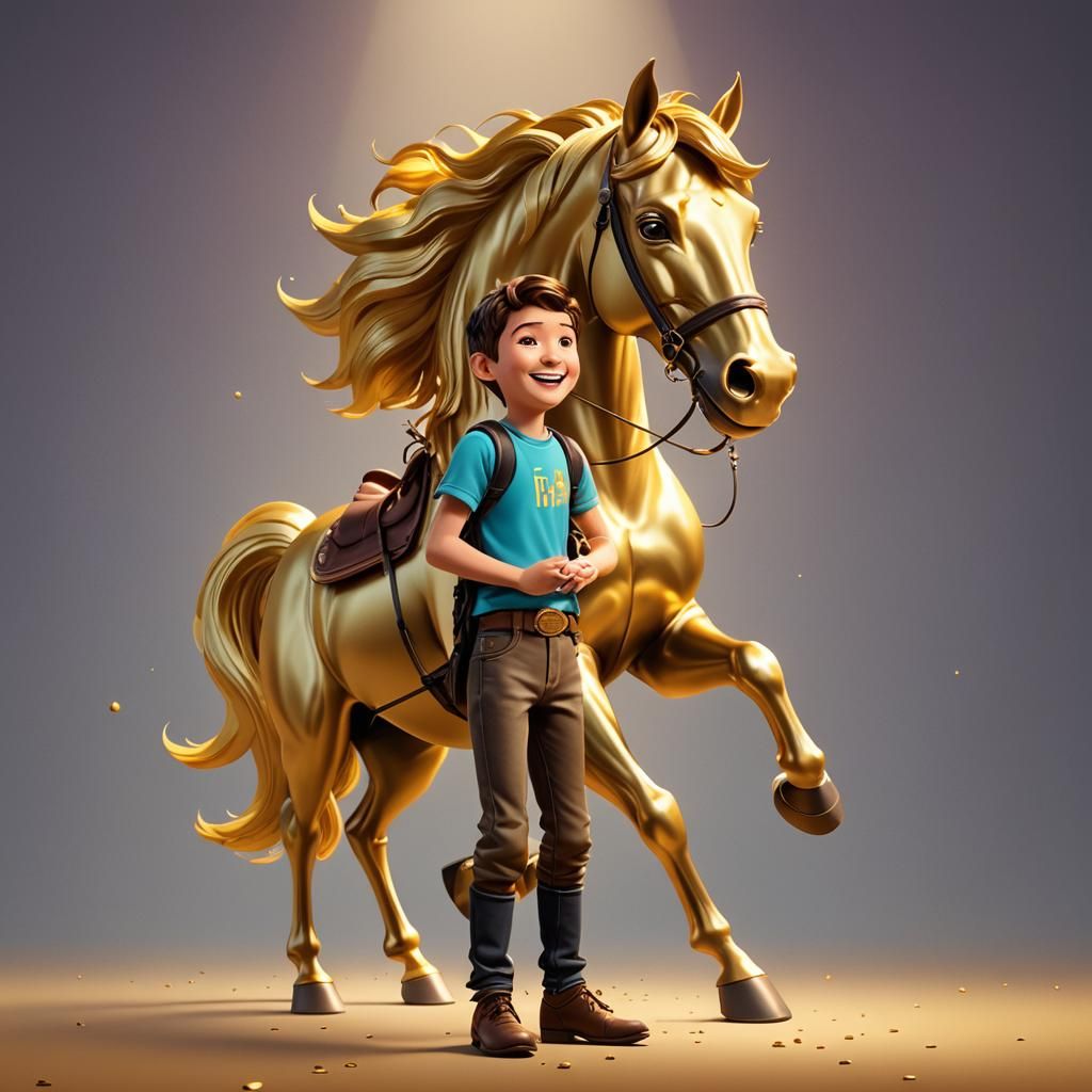 Golden Horse and Child: 3D Digital Art