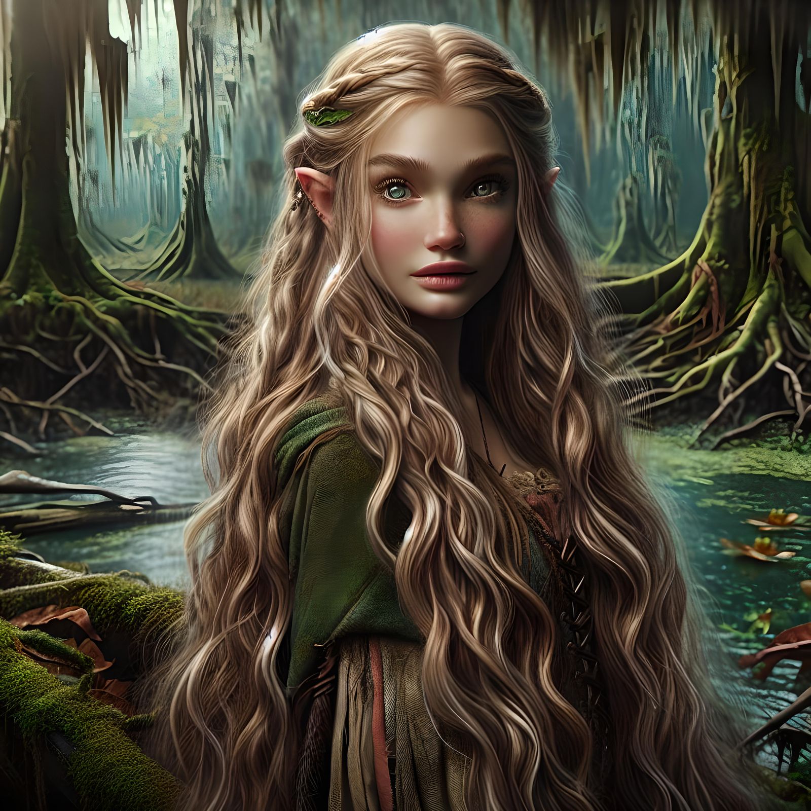 Hyperrealistic Quickling Druid in Swampy Forest