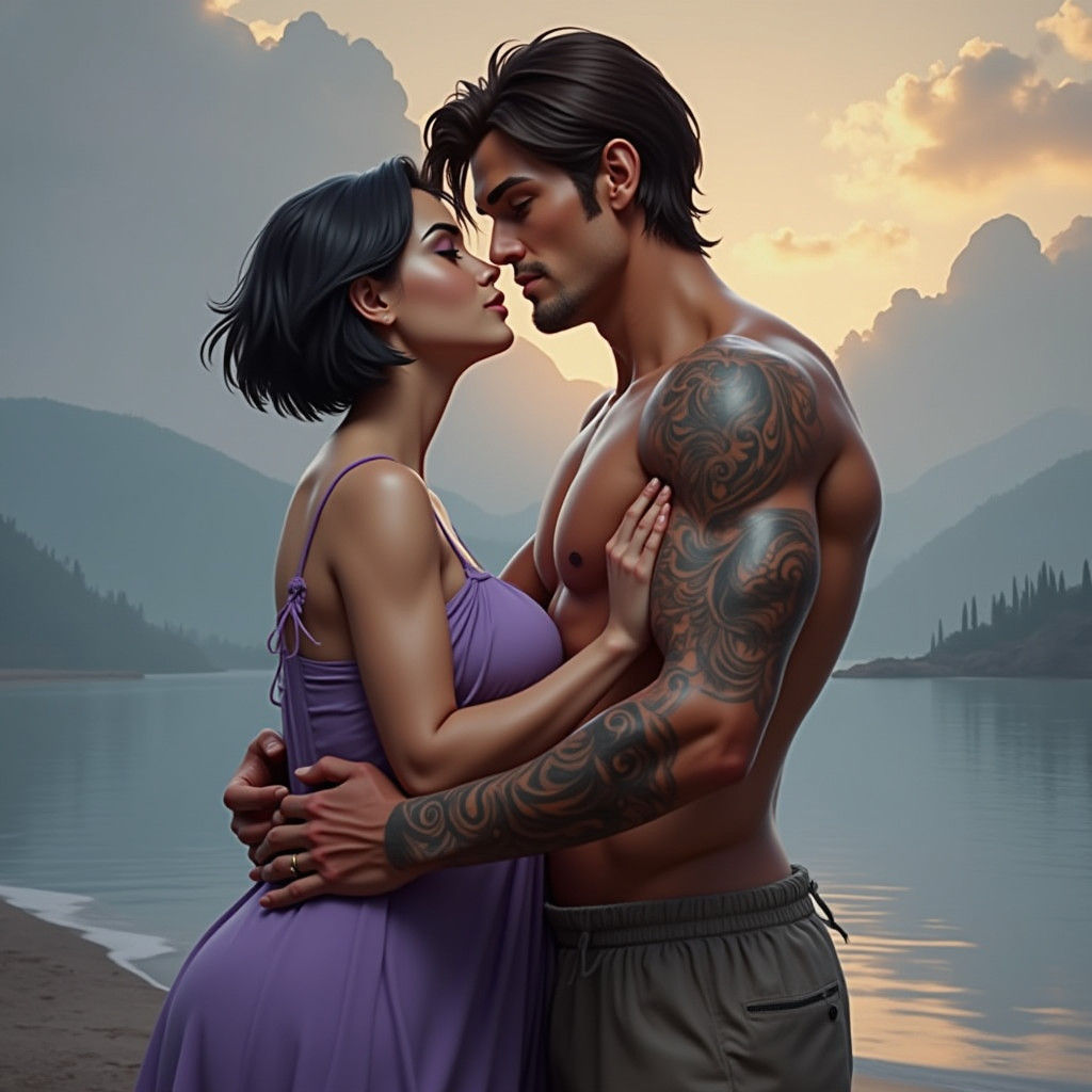 Romantic Kiss of Plus Sized Woman and Tattooed Man