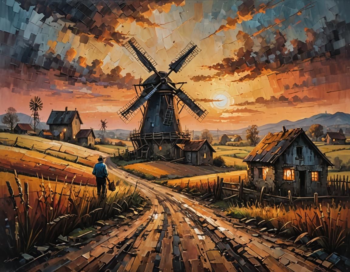 Rustic Village Sunset in Acrylic Painting Style