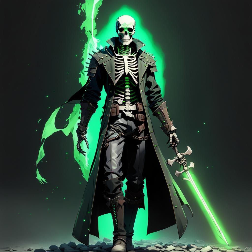 Skeleton in Duster Coat with Green Glowing Eyes