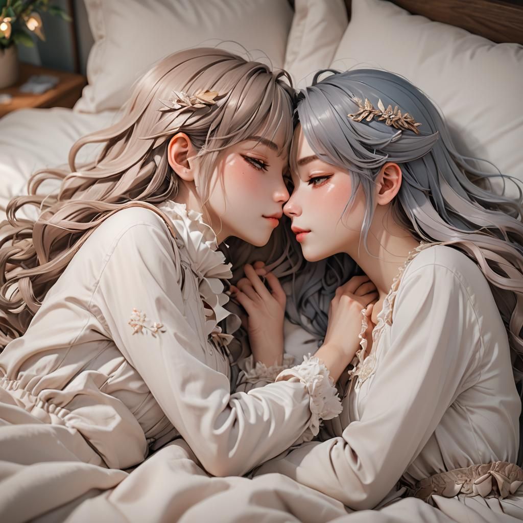 Romantic Anime Girls Embrace in Soft 3D Rendering