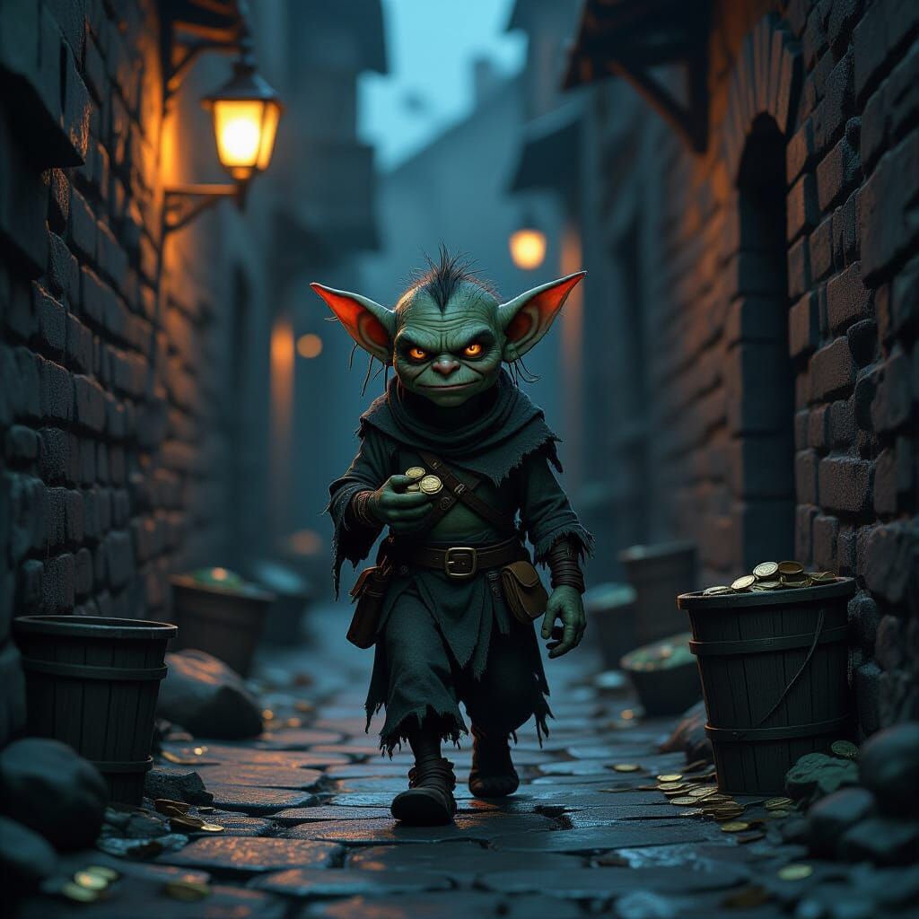 Weary Goblin Counts Coins in Grimy Alleyway at Twilight