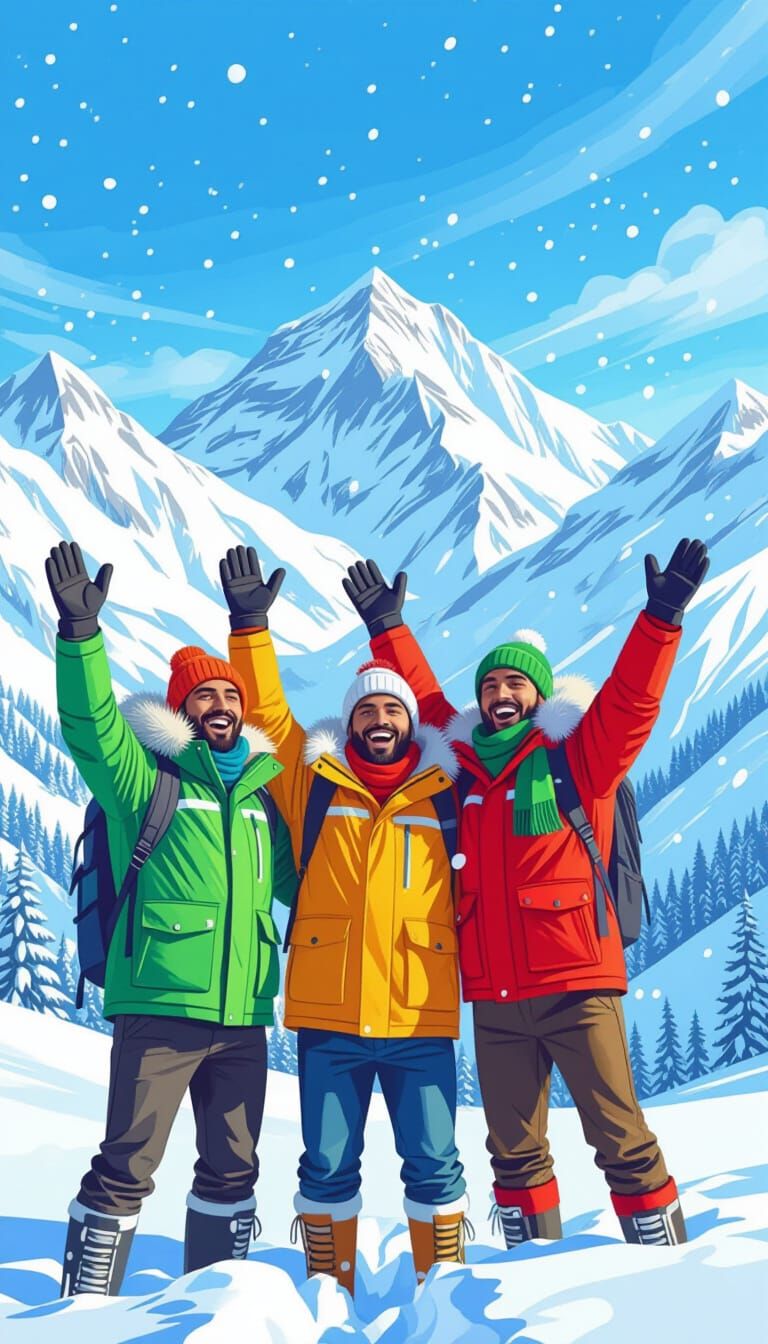 Joyful Indian Men Celebrate in Snowy Mountains