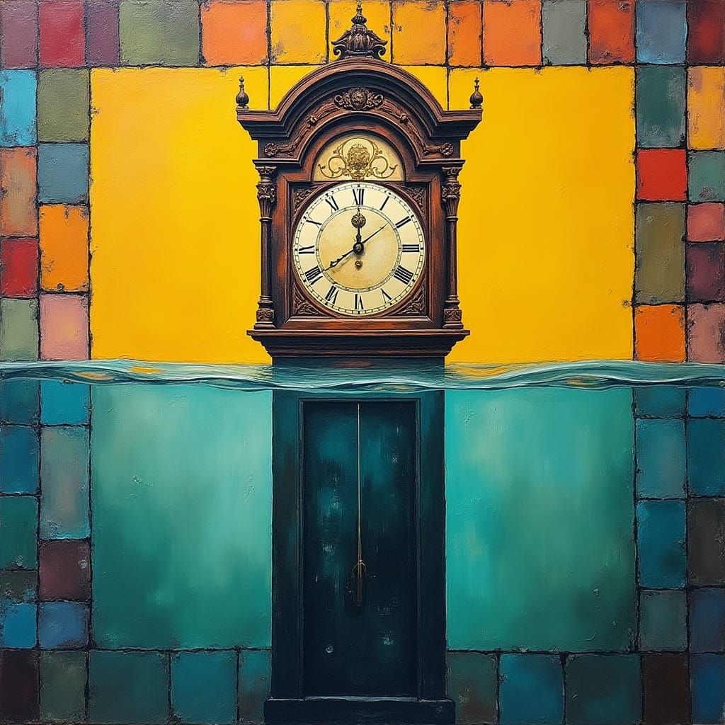 Vibrant Grandfather Clock in Dreamlike Patchwork Frame