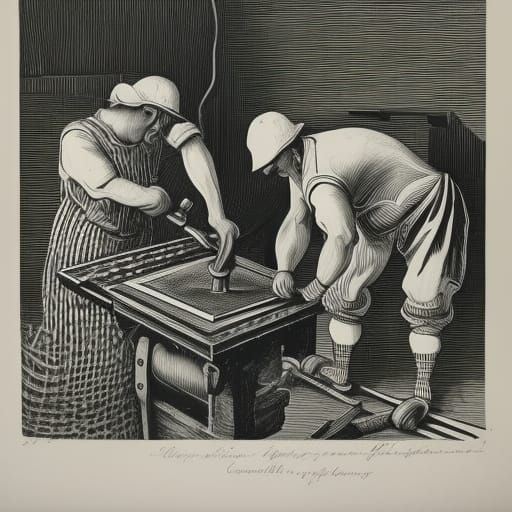 Checkered Workers Forging Wheel: Black and White Linocut