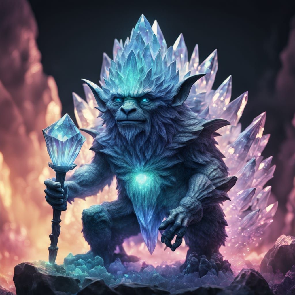 Crystal Troll in Cave: Iridescent 3D Crystal Art
