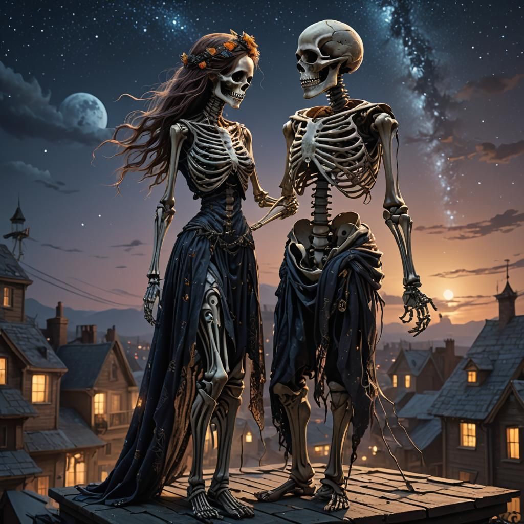 Skeletal Couple Under Stars: Dark Fantasy Art