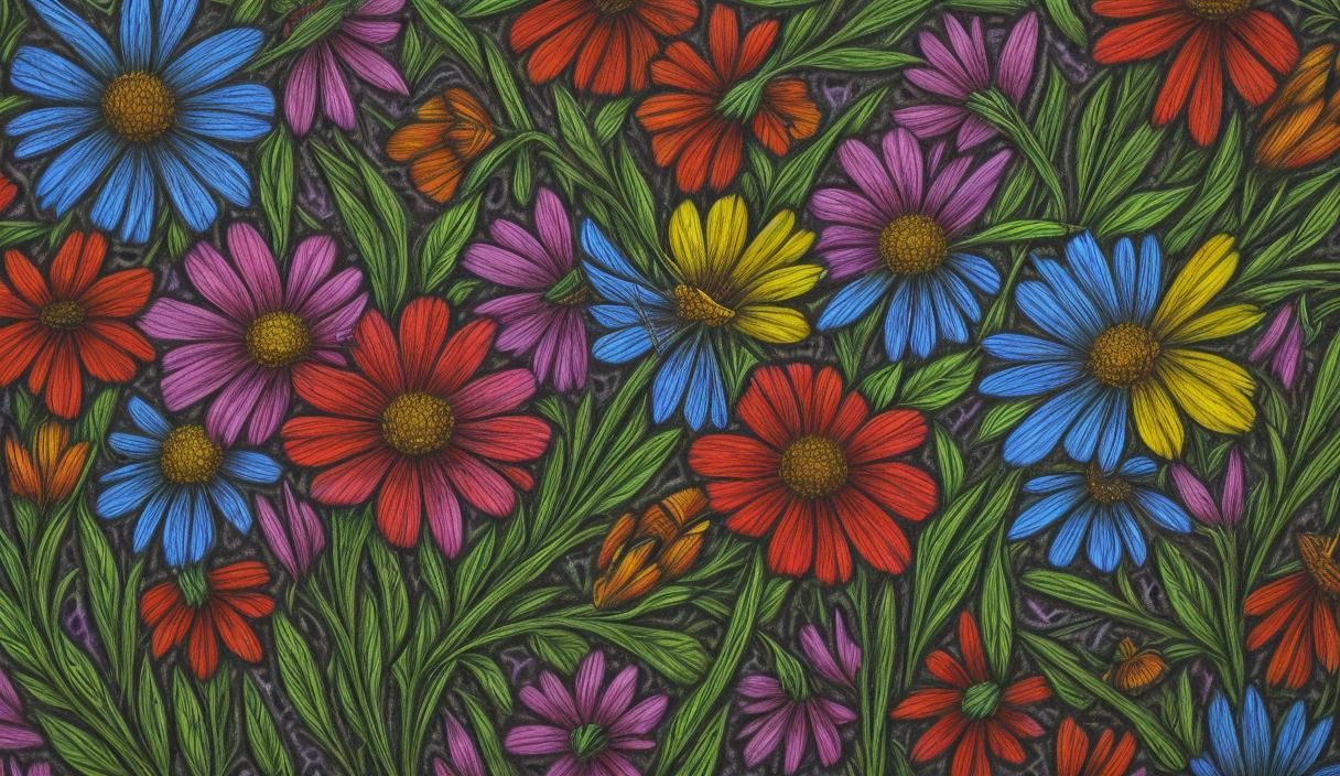 Hyperrealistic Field of Flowers with Hummingbirds and Butter...