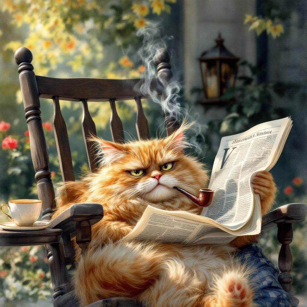 Grumpy Ginger Tabby Cat on Sunny Porch in Watercolor