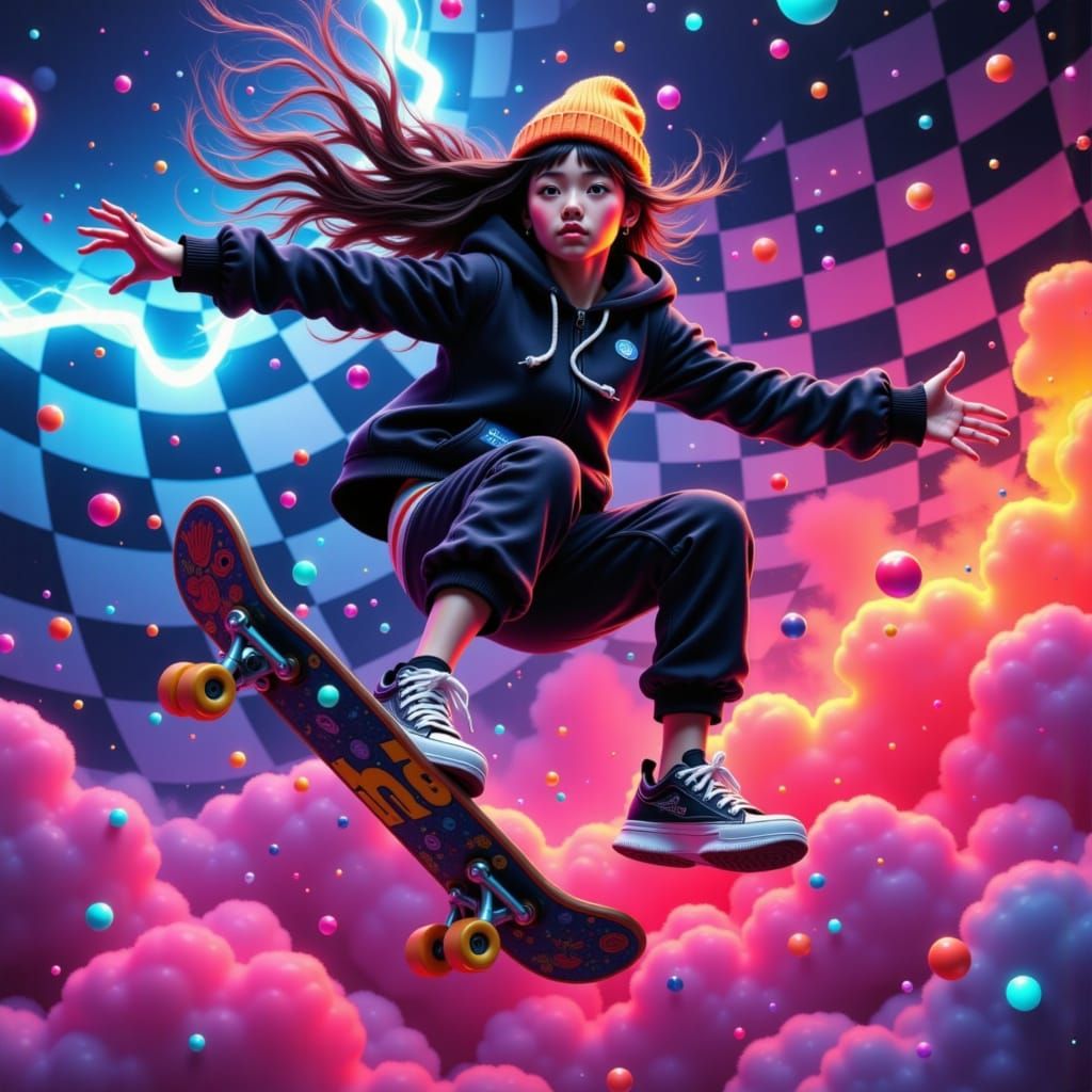 Female Skater in Neon Checkered Scene, Hyperrealistic Style