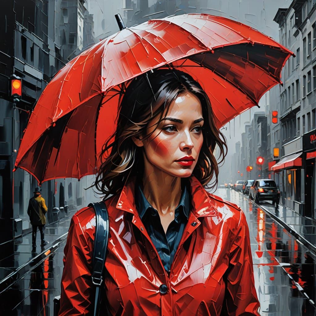 Impasto Expressionist Masterpiece: Woman in Rainy Night