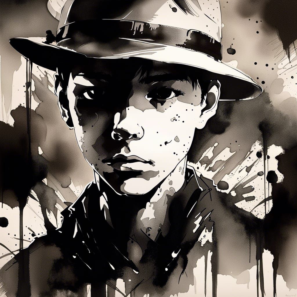 Monochrome Ink Portrait of Boy in Fedora