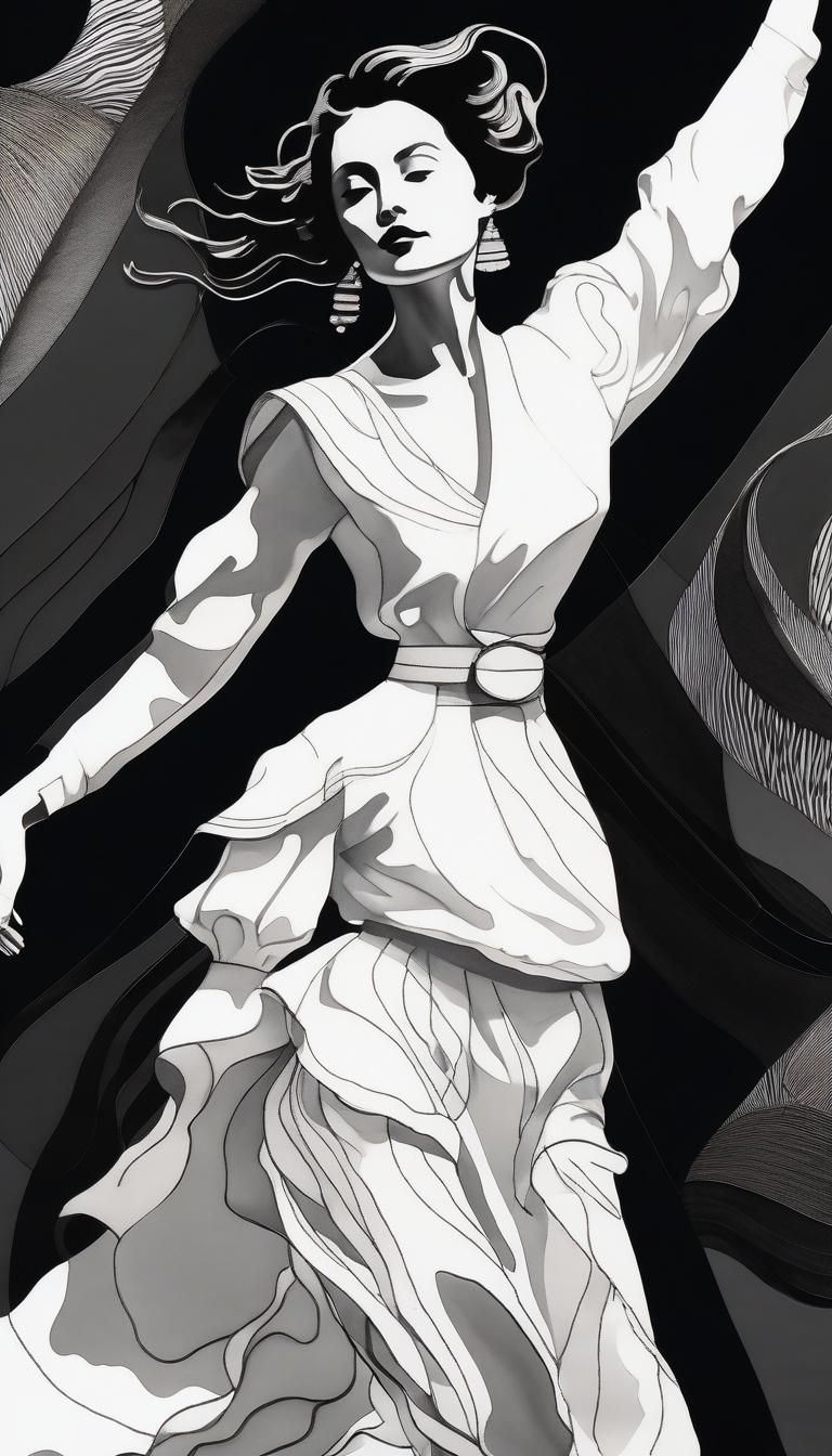 Dancing Woman: Detailed Ink Drawing with Fine Pen Lines